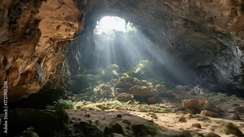 Sunlight streams into a cavernous cave