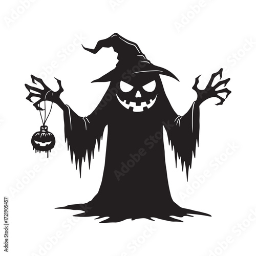 Silhouette of a Scary Halloween Ghost with Pumpkin