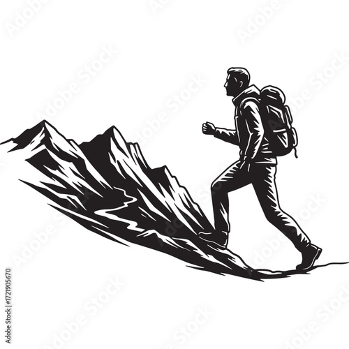 Silhouette of hiker climbing steep mountain path vector