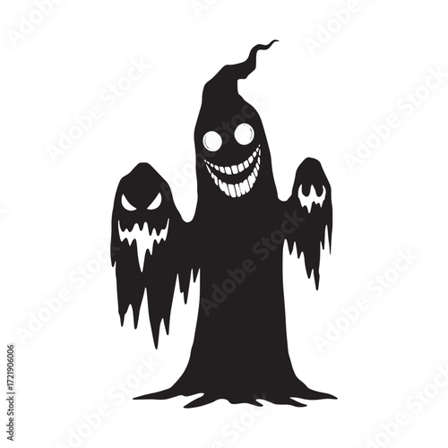 Spooky grinning ghost silhouette with multiple faces