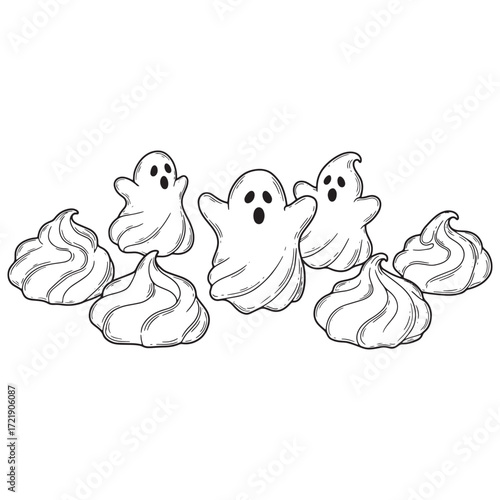 Spooky ghosts and meringues in black and white illustration