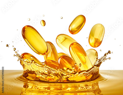  Scattered Omega-3 Soft Gels Splashing into Water – Transparent Background