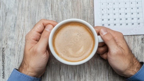 A serene moment of reflection: a person holding a cup of coffee with a word search puzzle on a table, embodying the feeling of searching for purpose during unemployment.