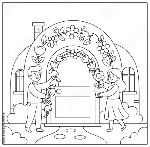 Festival decoration illustration of children adorning the entrance of a house with flowers and plants for celebration in a happy festive atmosphere