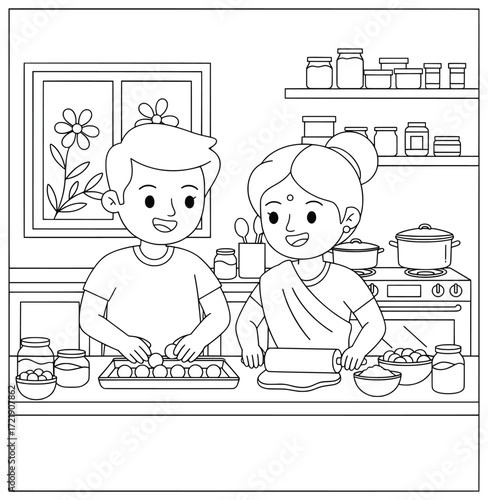 Family cooking scene of mother and child preparing homemade food together in a cozy kitchen with rolling pin jars stove and window view