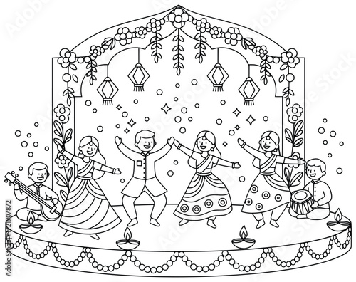 Traditional dance illustration of children performing on a decorated festival stage with musicians lanterns flowers and diyas in a joyful celebration atmosphere