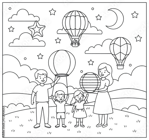 Festival night illustration of a family outdoors enjoying hot air balloons paper lanterns moon and stars in a joyful evening celebration atmosphere
