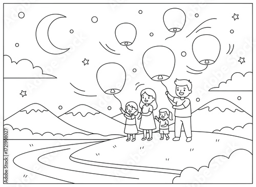 Sky lanterns illustration of a happy family releasing glowing lanterns into the night sky with moon stars and mountains during a festive celebration