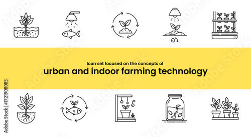 Detailed Line Icon Set on Urban Farming, Indoor Agriculture, Hydroponics, and Smart Technology