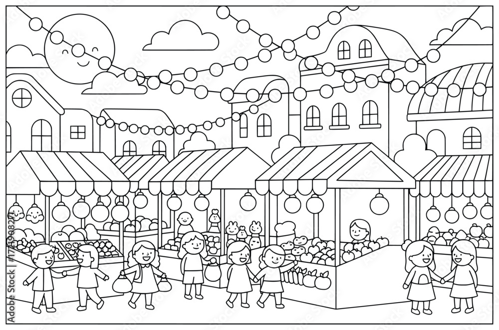 Fototapeta premium Festival market illustration of decorated stalls with fruits lights and people shopping happily at night in a joyful cultural holiday celebration atmosphere