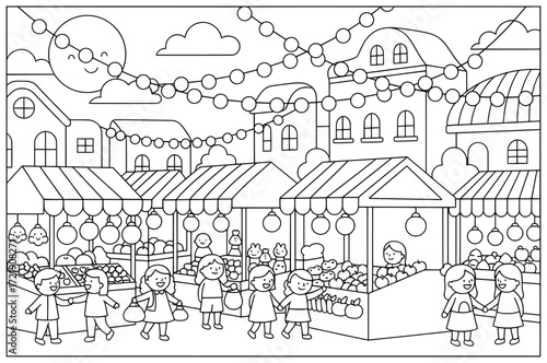 Festival market illustration of decorated stalls with fruits lights and people shopping happily at night in a joyful cultural holiday celebration atmosphere