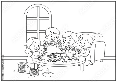 Diwali decoration illustration of happy children preparing festive lights and traditional oil lamps together inside a cozy home celebration scene