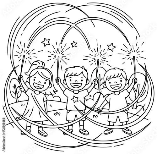 Kids with sparklers illustration of children celebrating outdoors at night with glowing fireworks stars and festive joy in a cheerful holiday atmosphere