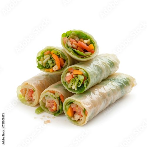 Fresh vegetable spring rolls isolated on a white background, showcasing crisp rice paper filled with vibrant.
