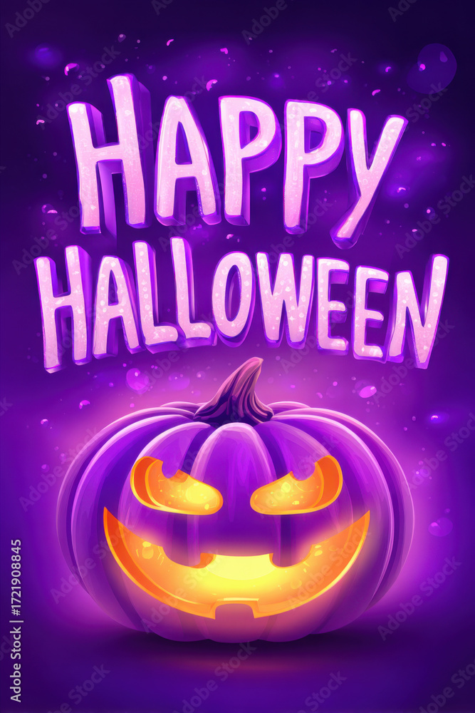 Fototapeta premium Vibrant pumpkin with glowing eyes celebrates Halloween in a festive purple background