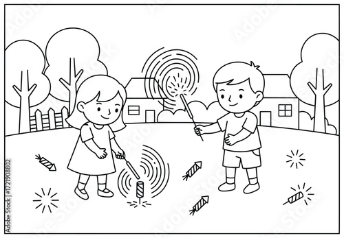 Kids fireworks illustration of a boy and girl celebrating with sparklers and firecrackers outdoors during a festive night in front of houses