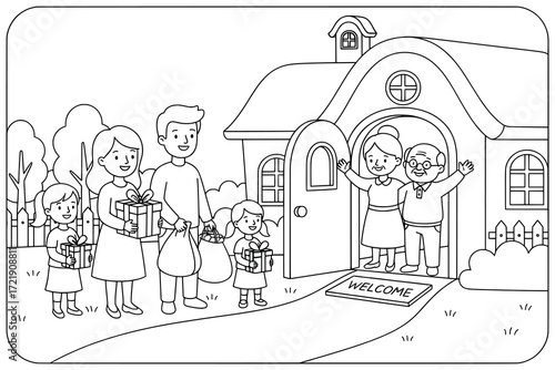 Family visit illustration of parents and children bringing gifts to grandparents standing at the doorway with a welcome mat and smiling greetings
