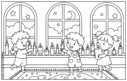 Festival candle illustration of children joyfully lighting candles indoors with windows showing night sky, stars, and moon during festive celebration