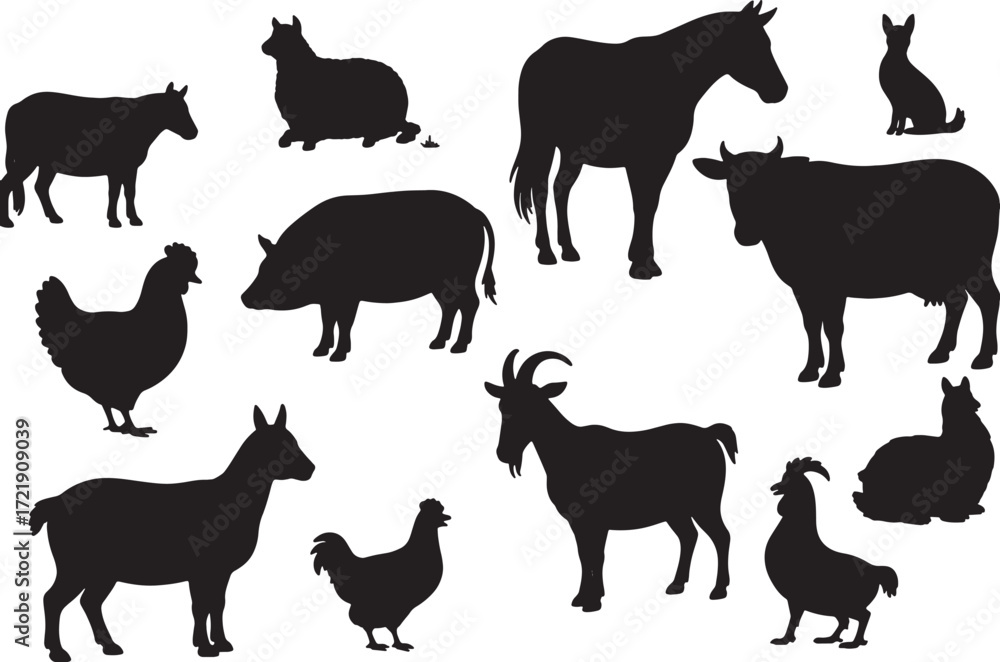 Obraz premium Vector Farm Animals Silhouettes Isolated on transparent background