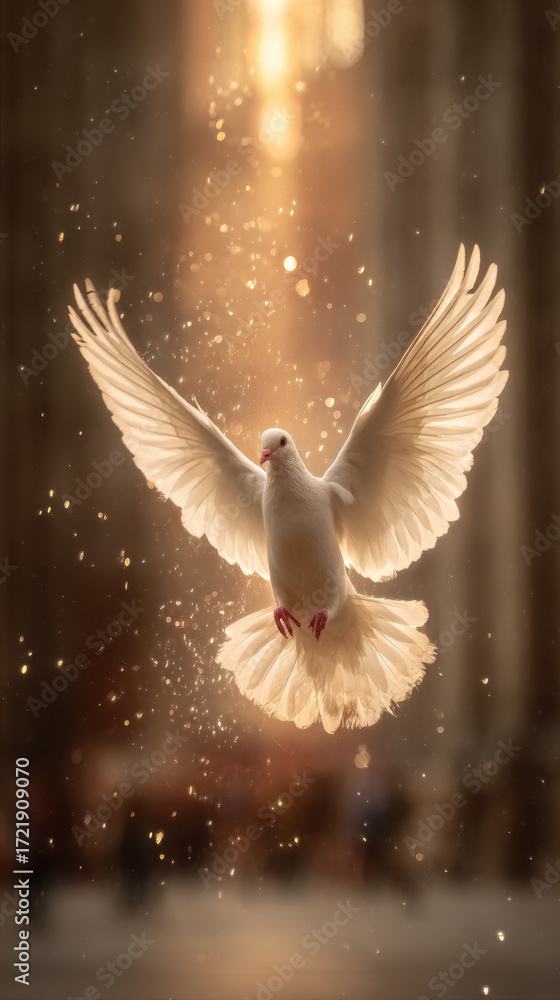 Fototapeta premium White dove flying gracefully in sunlight with a blurred background of people and soft glows in the evening hours