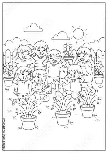 Children celebrating Diwali illustration of happy kids playing with fireworks and sparklers outdoors in festive atmosphere with joy and laughter together