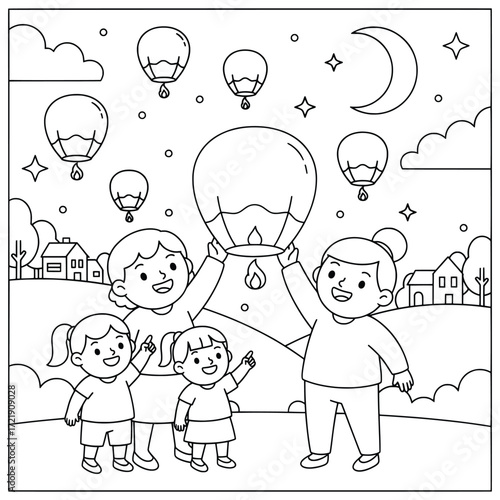 Family sky lantern illustration of parents and children releasing glowing lanterns into the night sky with moon and stars during a joyful festival