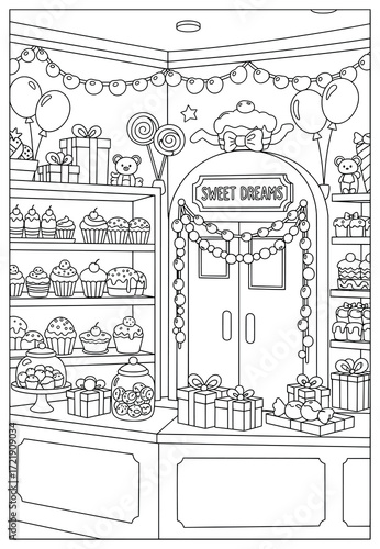 Bakery shop illustration of a sweet decorated store filled with cupcakes, cakes, cookies, lollipops, gift boxes, balloons, and festive treats