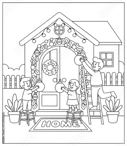Diwali home decoration with family happily adorning house entrance using festive lights wreath garlands and ornaments in a joyful cultural celebration scene