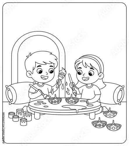 Diwali diya painting activity showing children decorating traditional clay oil lamps with brushes and colors for the festival of lights celebration