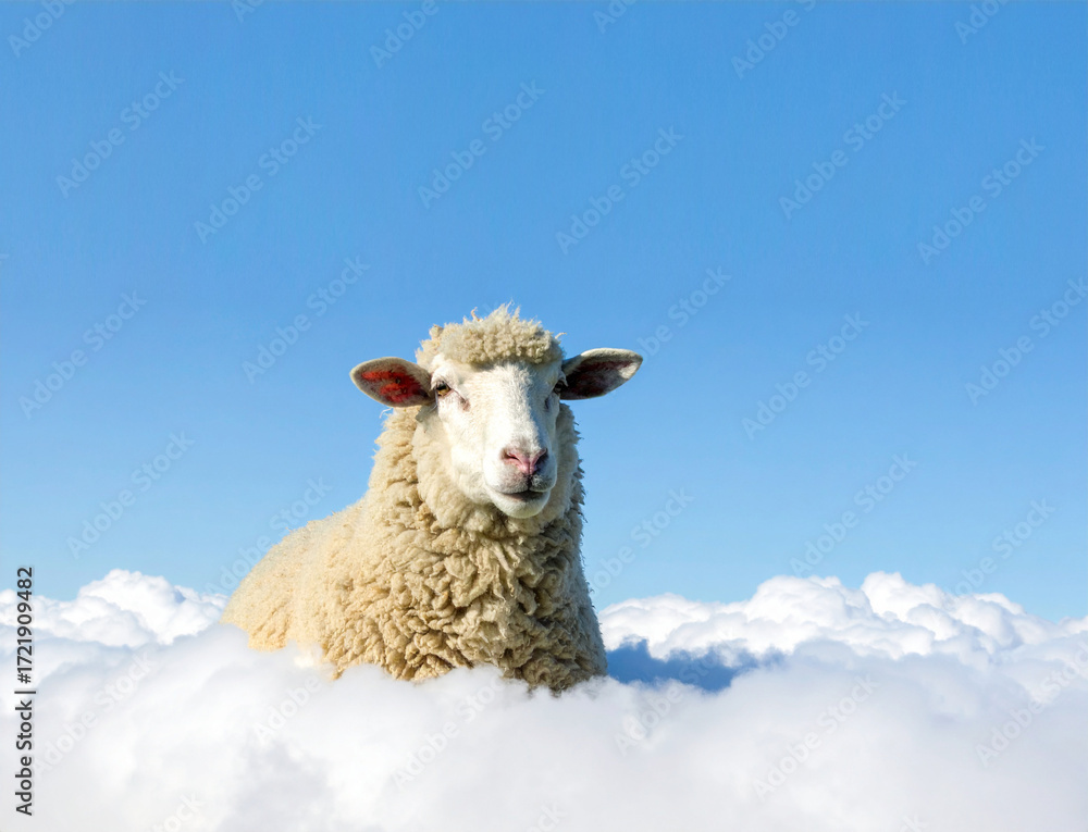 Obraz premium Oveja blanca entre nubes esponjosas con fondo azul que transmite calma pureza y ternura en una imagen surrealista y bucólica llena de ligereza serenidad frescura e inocencia en clave poética