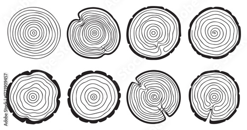  eight hand drawn black and white tree ring cross sections