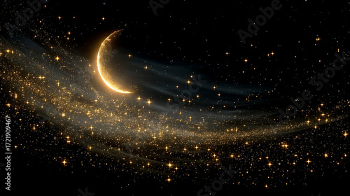 Celestial Dance: A luminous crescent moon, the heart of an ethereal cosmic display. Glowing particles swirl, the cosmos in a moment of celestial ballet. 