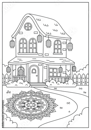 Festival house decorated with hanging lanterns and a large detailed rangoli design in front yard showing celebration atmosphere in a peaceful neighborhood