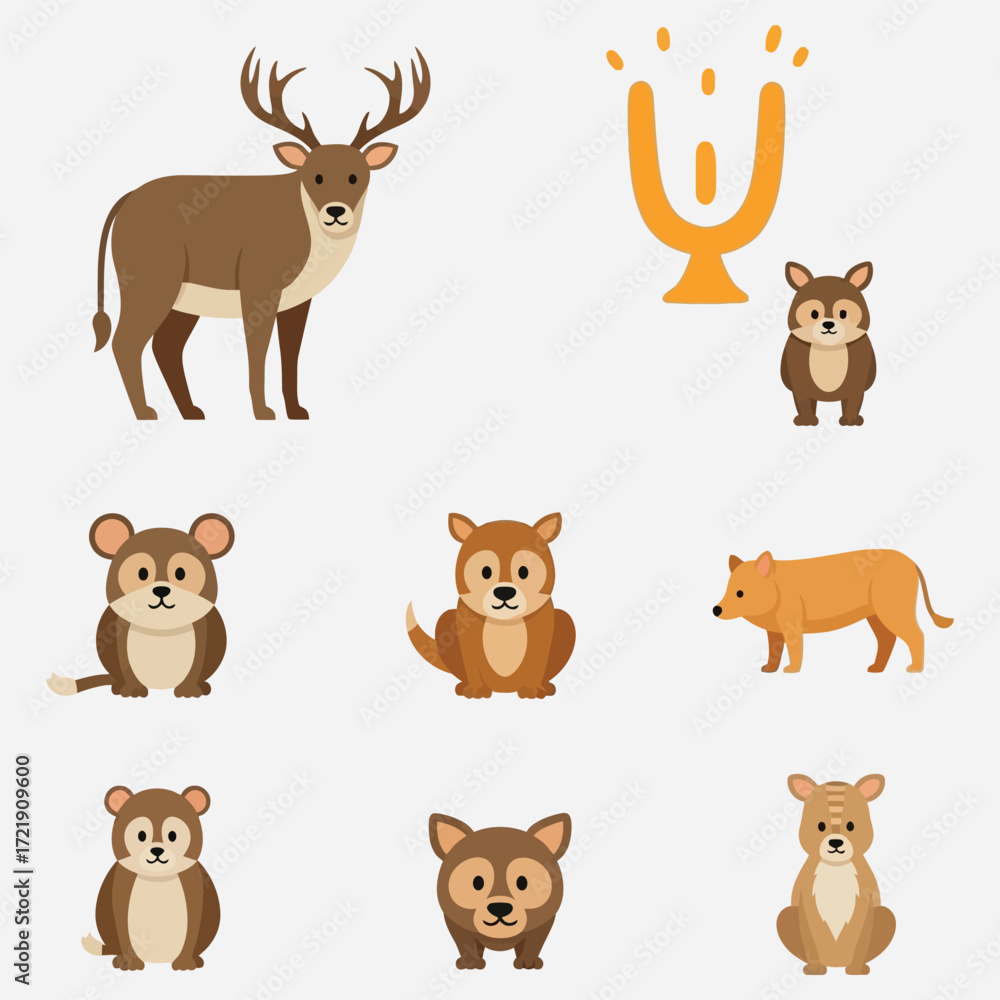 Fototapeta premium Set of cute cartoon animals and a golden trophy icon isolated on white background