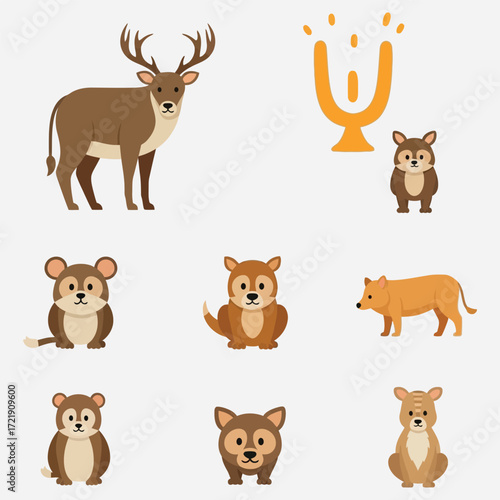 Set of cute cartoon animals and a golden trophy icon isolated on white background