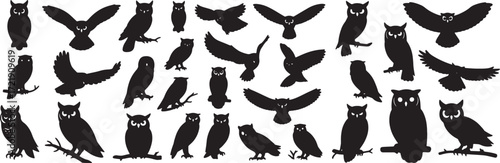 Vector collection of owl silhouettes, nocturnal bird icons in editable EPS format.