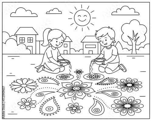 Rangoli design activity with children decorating colorful floral and paisley patterns on the ground outdoors under bright sunshine and a clear sky