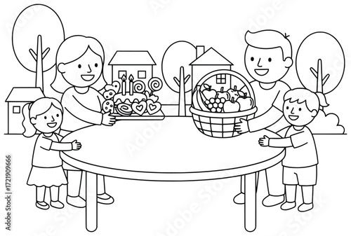 Family celebration scene with parents and children happily placing a basket of fruits and a tray of cake and sweets together on a large outdoor table