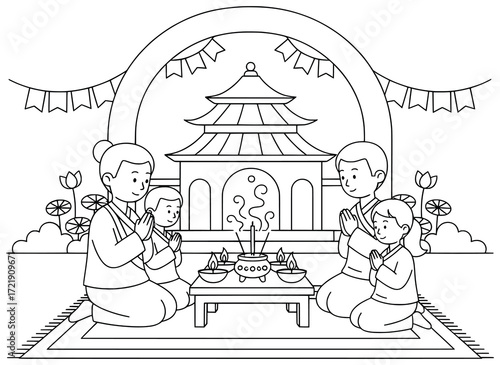 Temple prayer scene with a family sitting on mats in front of a traditional shrine, offering incense and lamps in a peaceful religious ritual