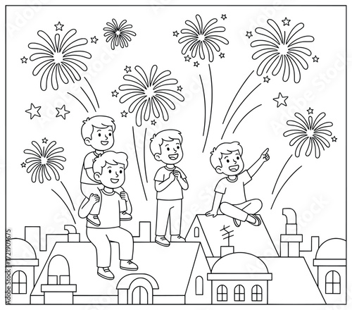 Fireworks lighting up the night sky as a group of happy children sit on rooftops watching and pointing at the bright colorful explosions with joy and wonder
