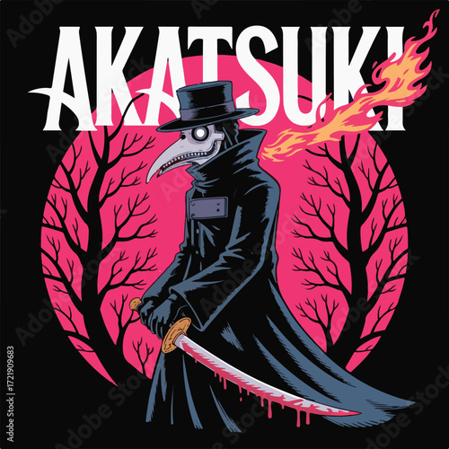 Plague doctor with bloody katana and fiery breath against pink trees mask black coat