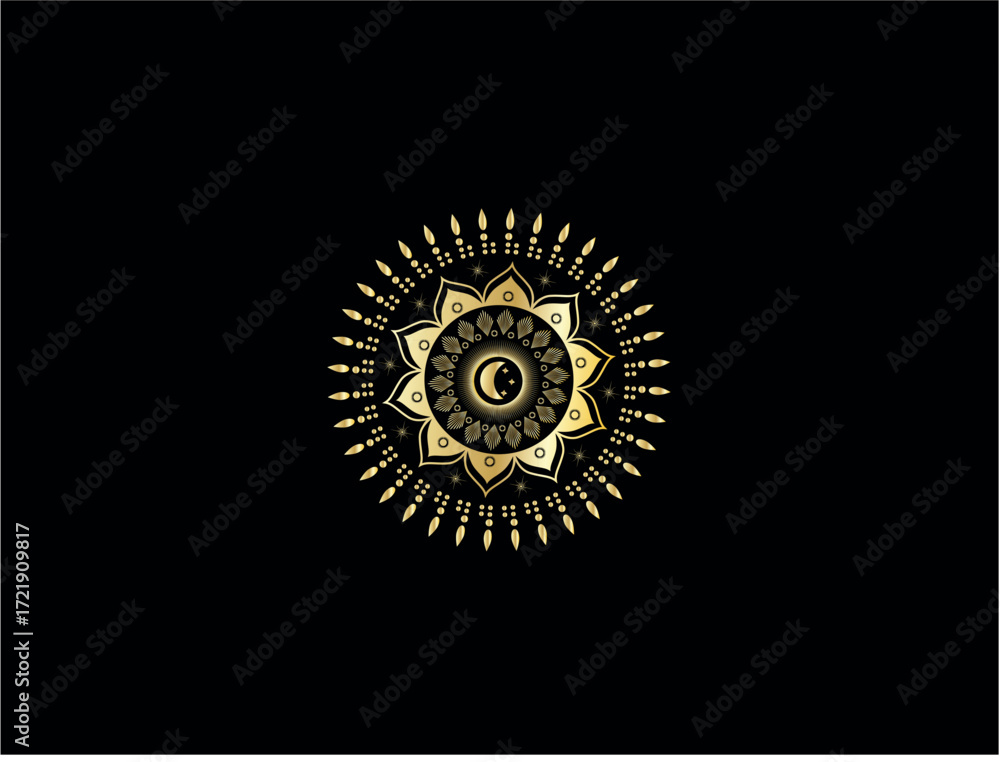 Fototapeta premium Ornate celestial sun and moon emblem on black background
