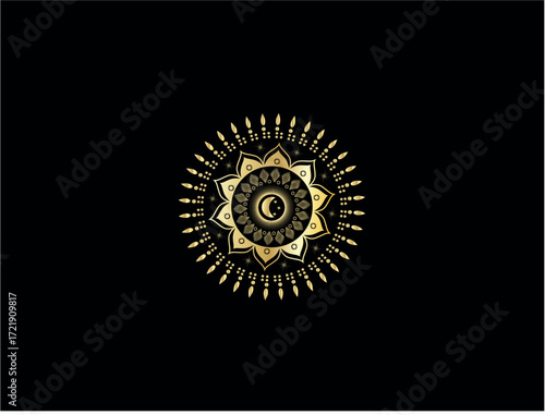 Ornate celestial sun and moon emblem on black background