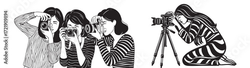 Creative women capture moments with vintage cameras, one films with professional gear