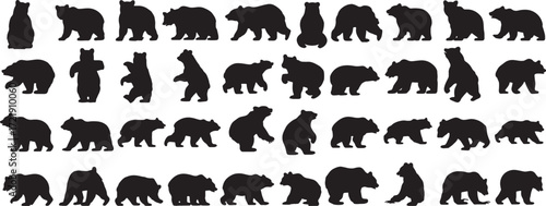 Collection of Bear Silhouettes in Various Poses Vector Set.
