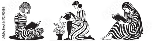 Women find peace reading books and nurturing plants in serene, stylish settings