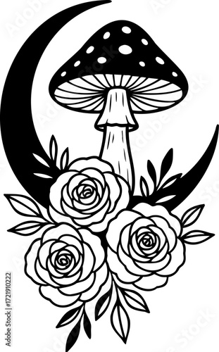 Mystical moon with mushrooms and flowers black and white vector illustration, magical celestial line art design