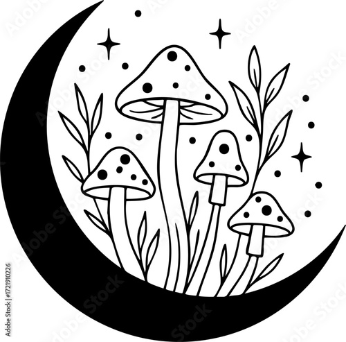 Mystical crescent moon with mushrooms and herbs black and white vector illustration, celestial fantasy botanical line art