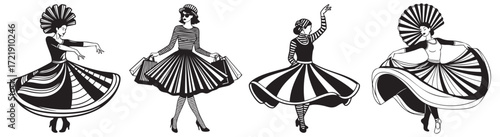 Stylish women in flowing dresses and shopping bags embody vintage fashion and elegance.