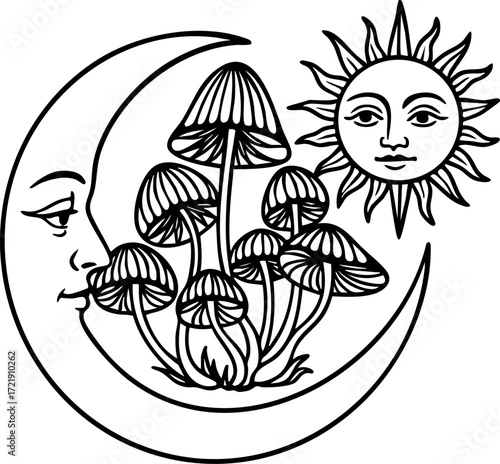 Mystical mushrooms with moon and sun faces black and white vector, celestial fantasy line art design, magical boho illustration